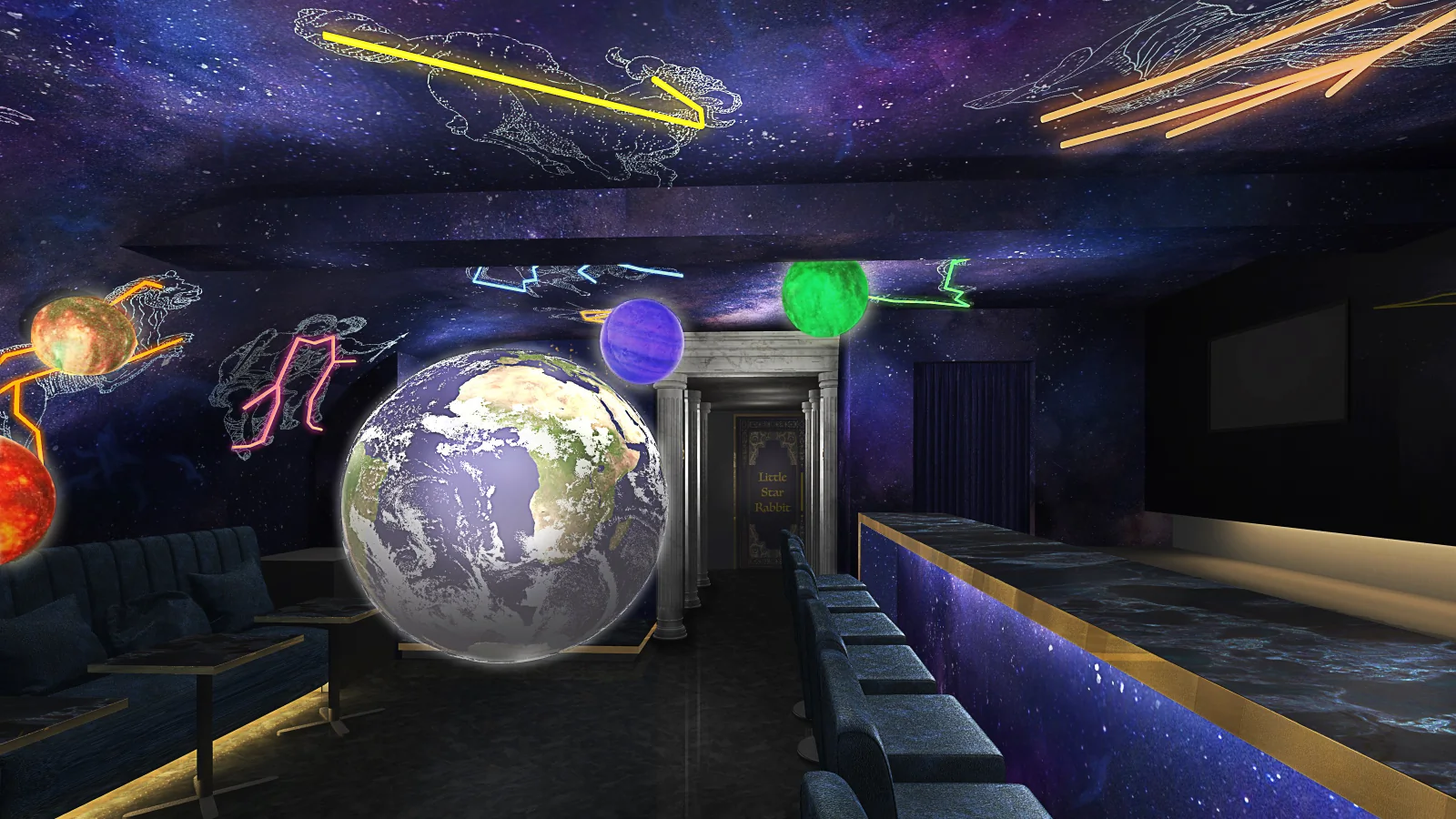 惑星や星座が広がるLittleStarRabbitの店内
